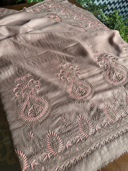 Brown Shade Saman Pashmina Resham Thread Fine Chikankari Shawl