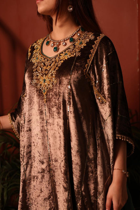 Brown Shade | Silk Velvet Zardozi Kaftans