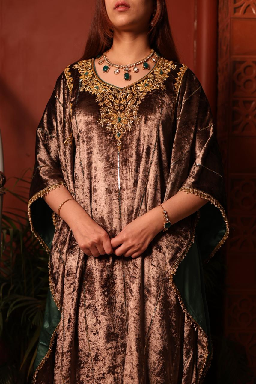 Brown Shade | Silk Velvet Zardozi Kaftans