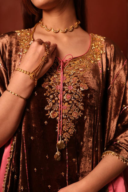 Brown Shade | Silk Velvet Zardozi Kaftans