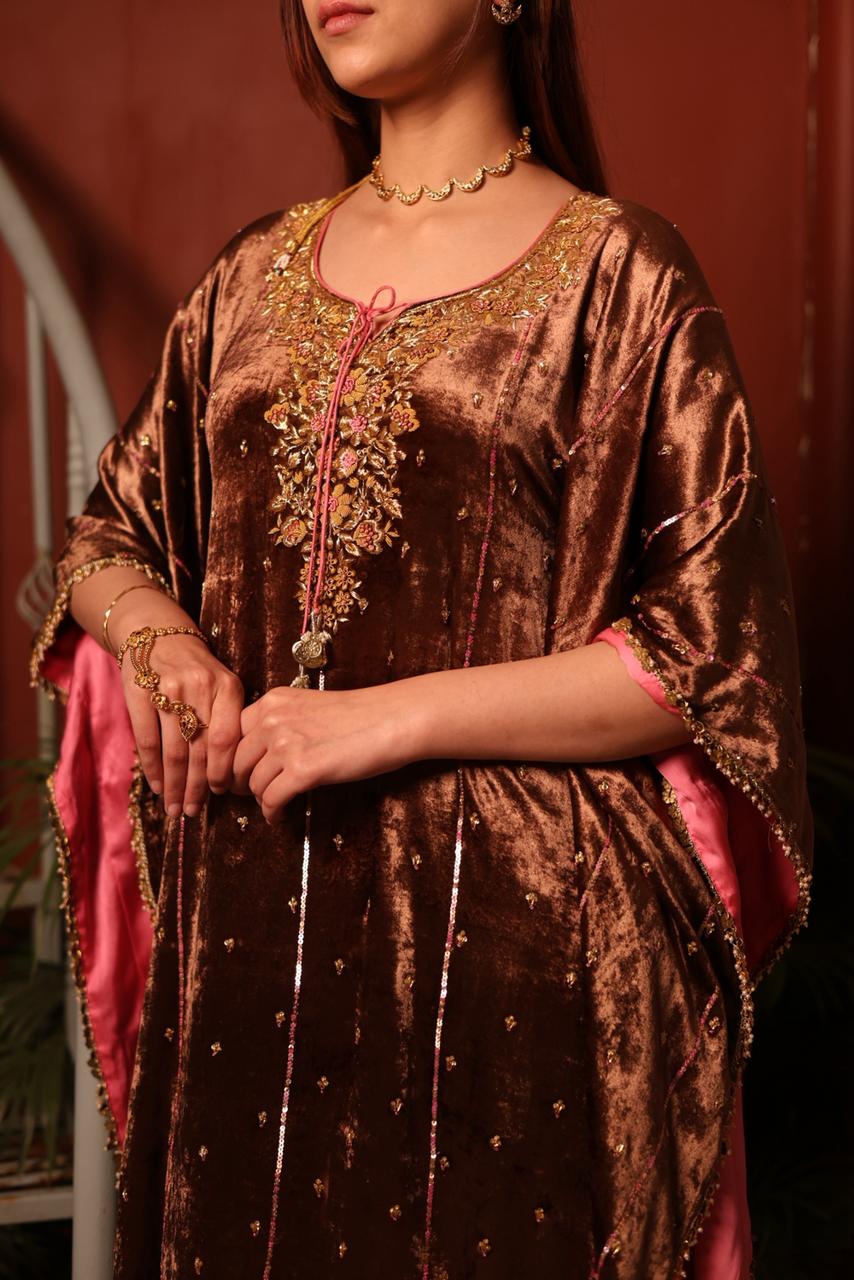 Brown Shade | Silk Velvet Zardozi Kaftans