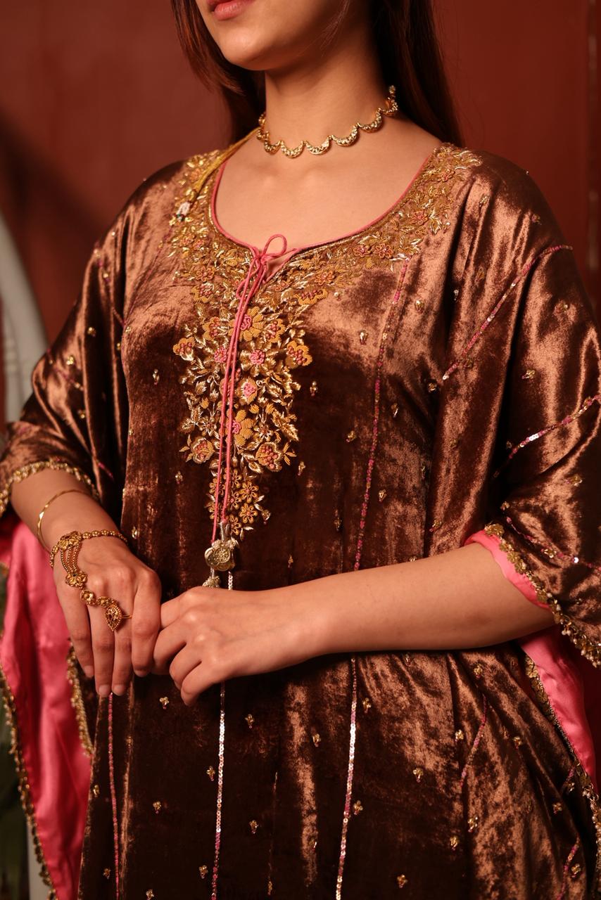Brown Shade | Silk Velvet Zardozi Kaftans