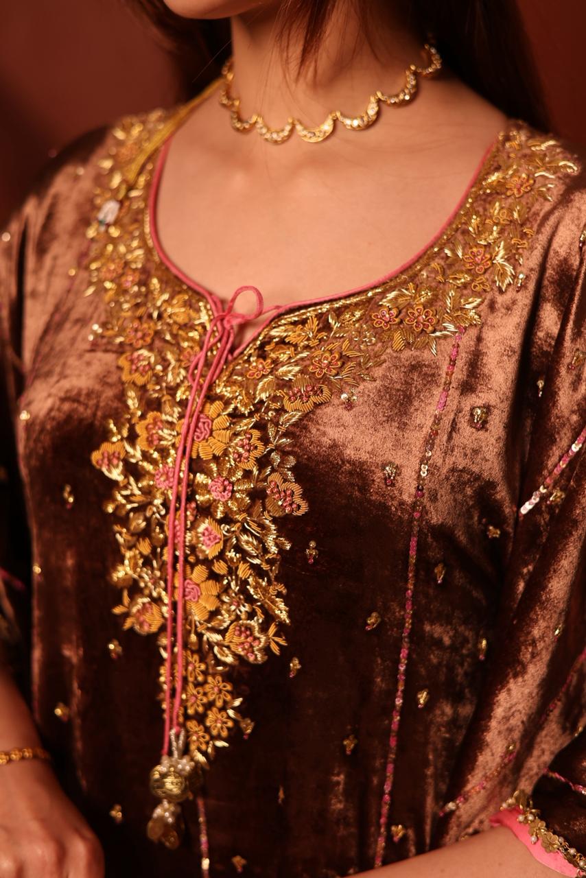Brown Shade | Silk Velvet Zardozi Kaftans