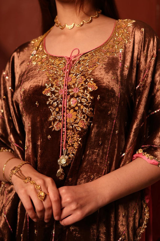 Brown Shade | Silk Velvet Zardozi Kaftans