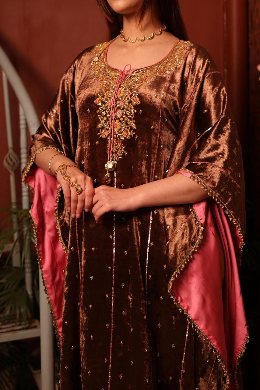 Brown Shade | Silk Velvet Zardozi Kaftans