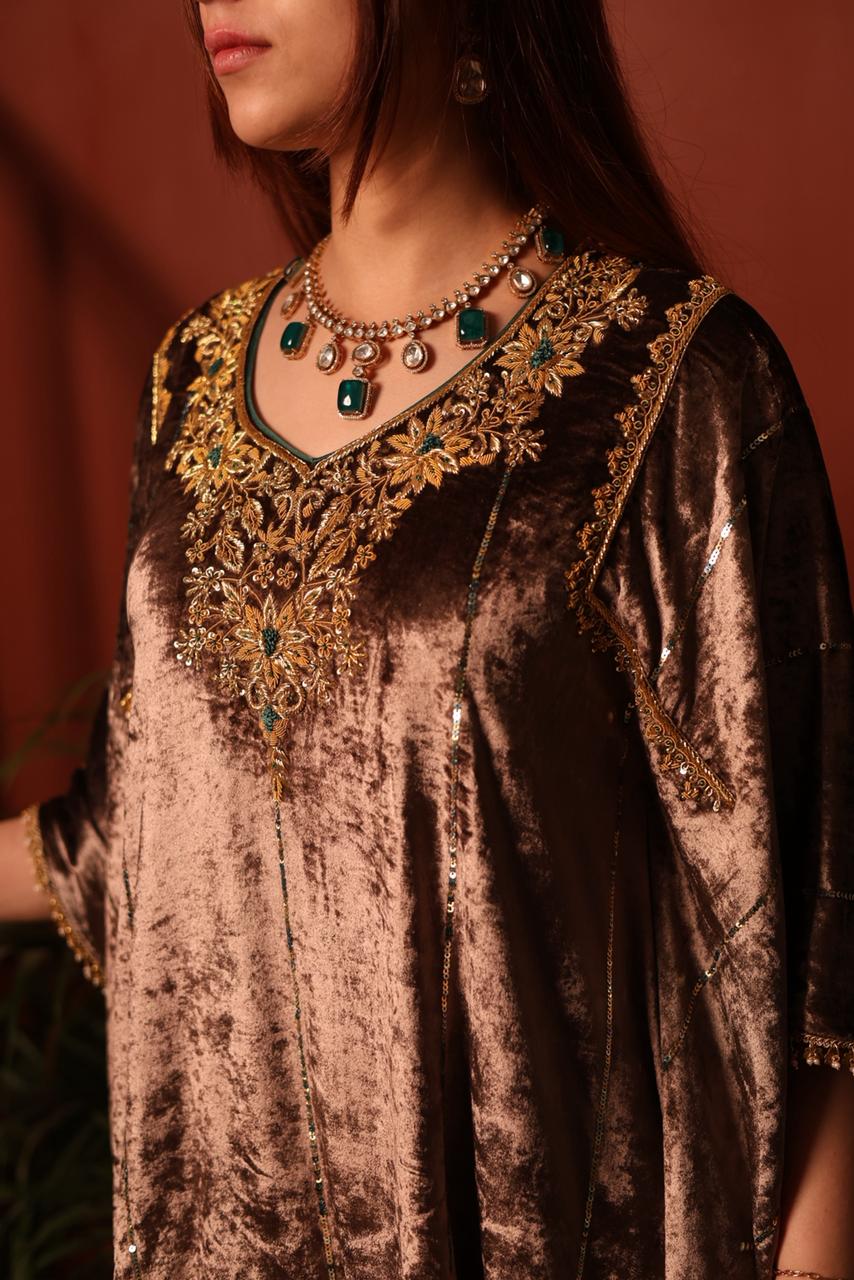 Brown Shade | Silk Velvet Zardozi Kaftans