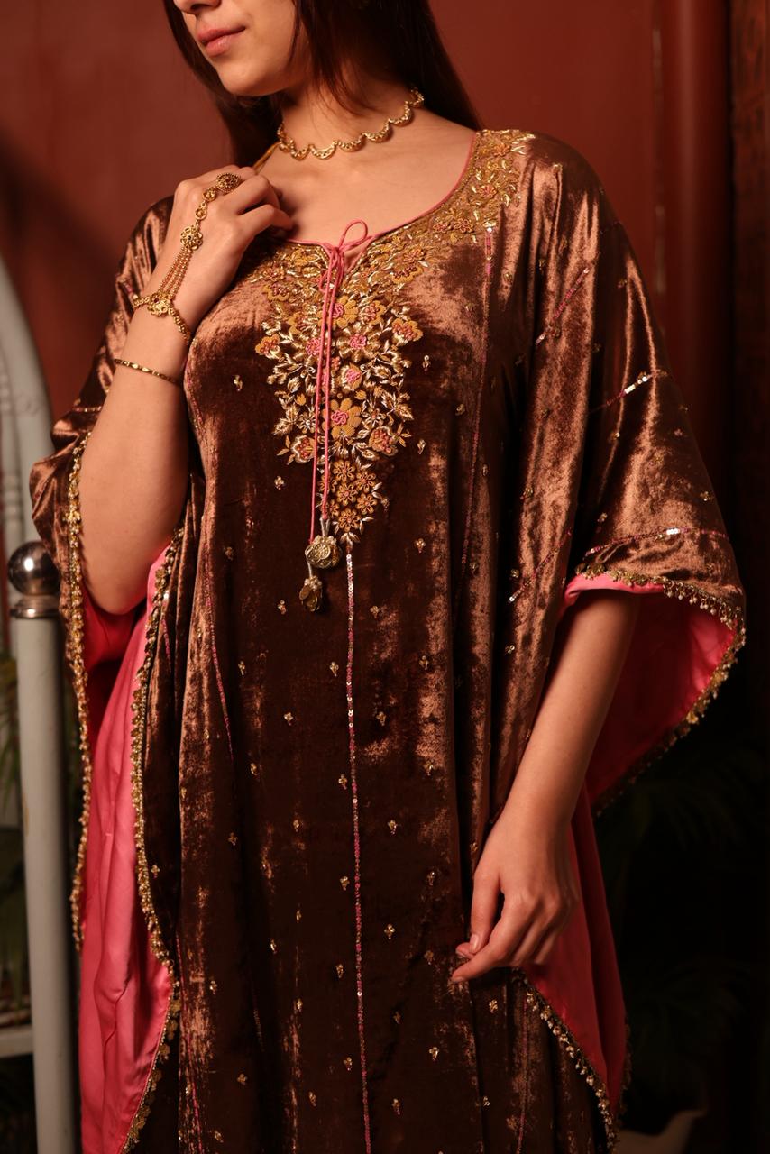 Brown Shade | Silk Velvet Zardozi Kaftans