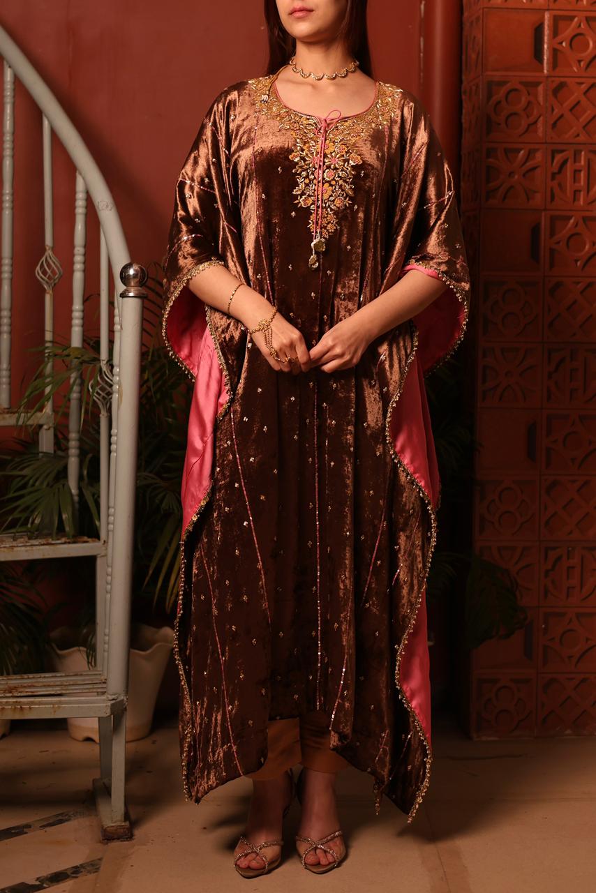 Brown Shade | Silk Velvet Zardozi Kaftans
