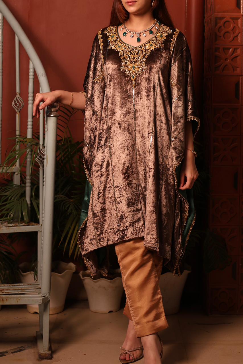 Brown Shade | Silk Velvet Zardozi Kaftans