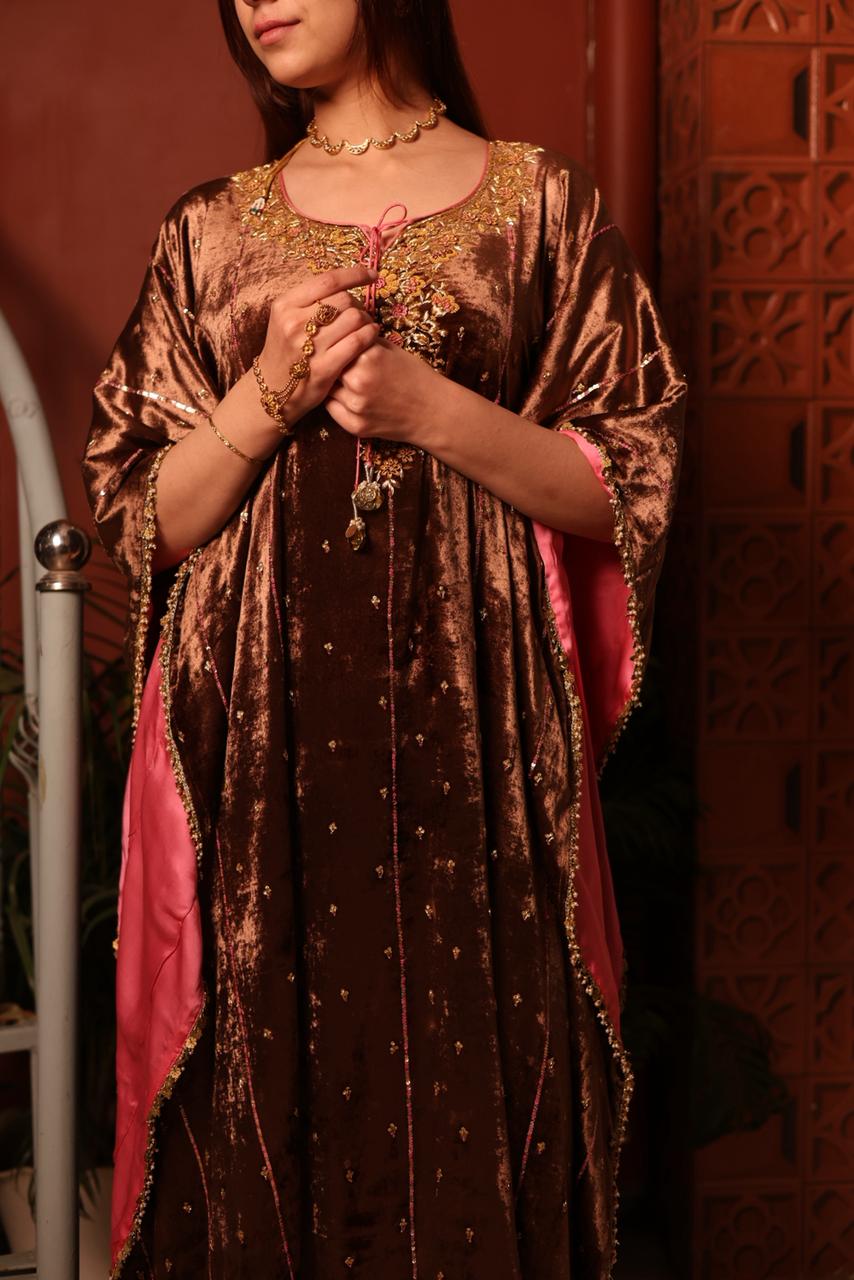 Brown Shade | Silk Velvet Zardozi Kaftans