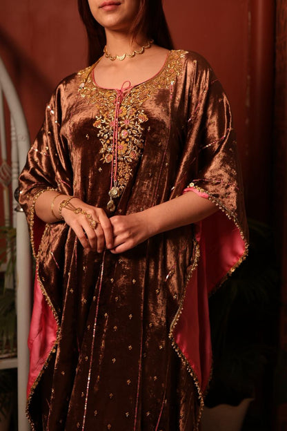 Brown Shade | Silk Velvet Zardozi Kaftans