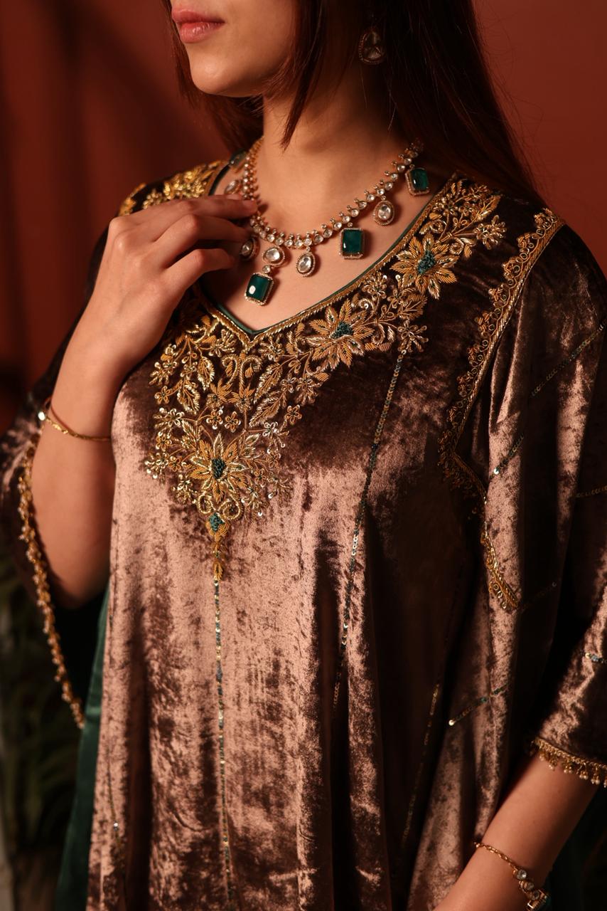 Brown Shade | Silk Velvet Zardozi Kaftans