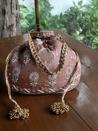 Brown Tussar Silk Chikankari Ari & Kasab Work Potli Bag