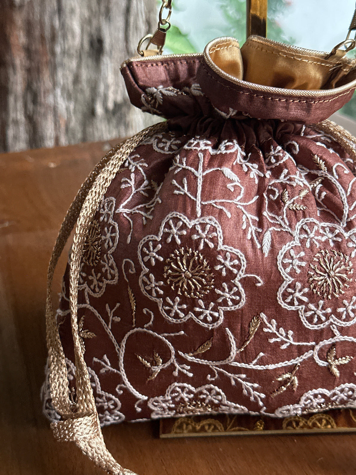 Brown Tussar Silk Chikankari Ari & Kasab Work Potli Bag