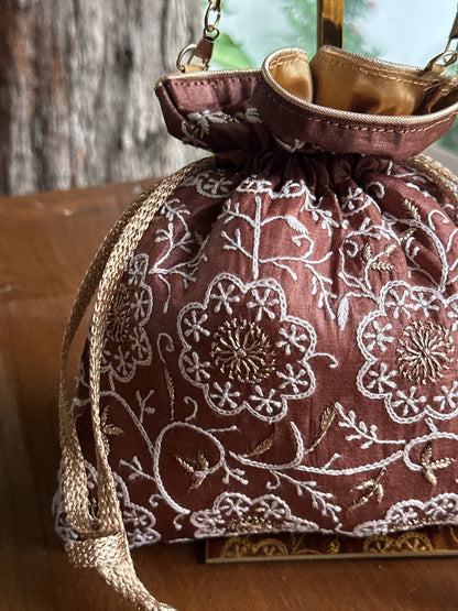 Brown Tussar Silk Chikankari Ari & Kasab Work Potli Bag