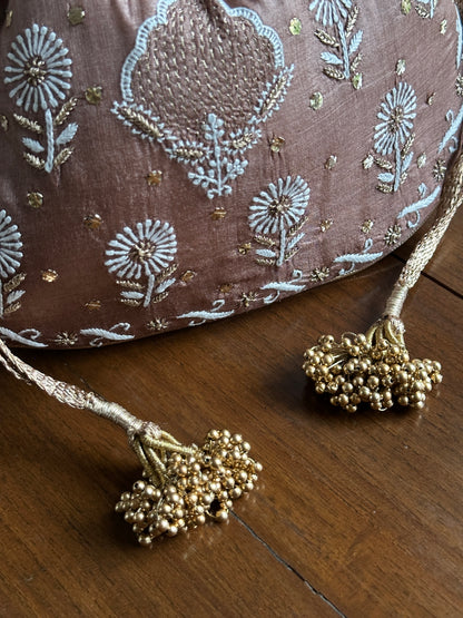 Brown Tussar Silk Chikankari Ari & Kasab Work Potli Bag