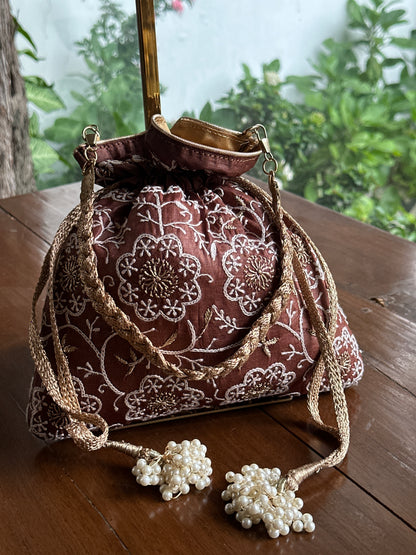 Brown Tussar Silk Chikankari Ari & Kasab Work Potli Bag
