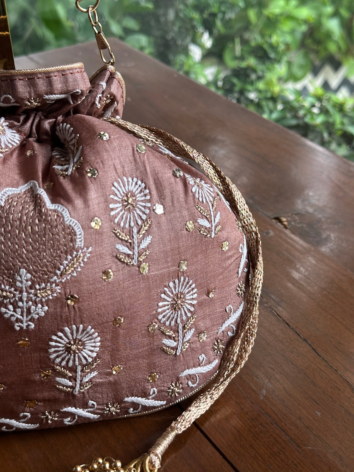 Brown Tussar Silk Chikankari Ari & Kasab Work Potli Bag