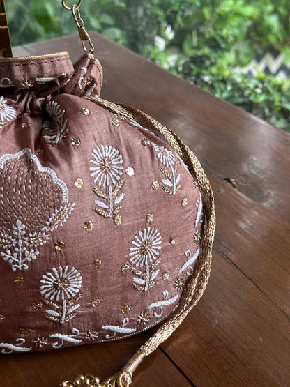 Brown Tussar Silk Chikankari Ari & Kasab Work Potli Bag