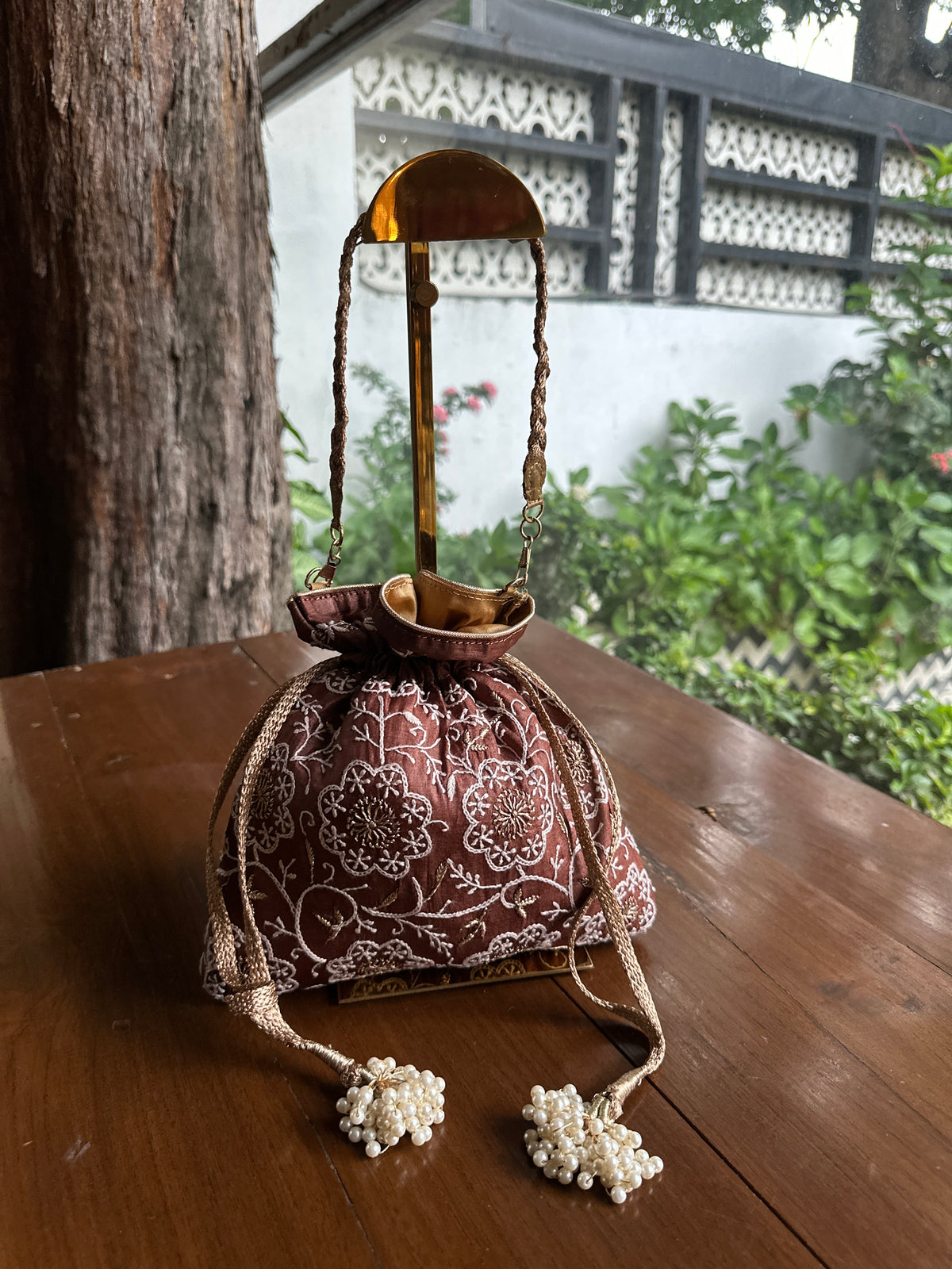 Brown Tussar Silk Chikankari Ari & Kasab Work Potli Bag