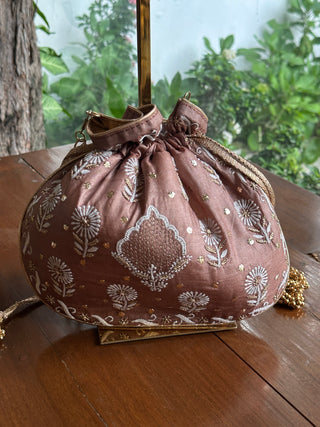 Brown Tussar Silk Chikankari Ari & Kasab Work Potli Bag