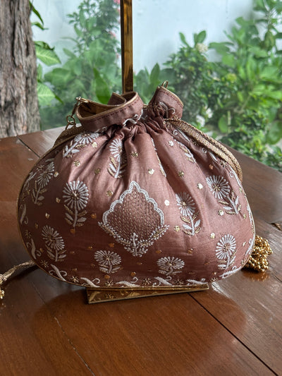 Brown Tussar Silk Chikankari Ari & Kasab Work Potli Bag