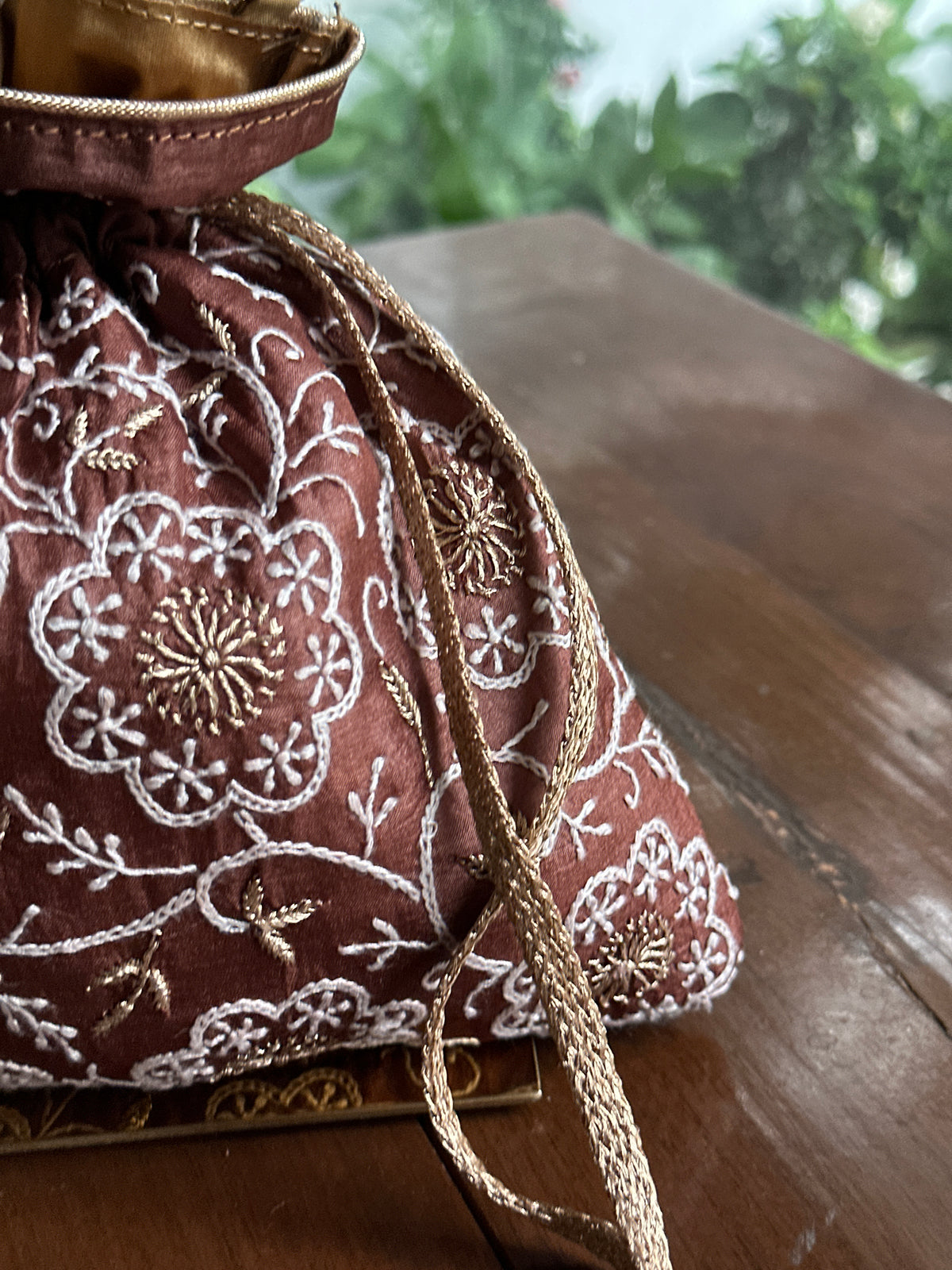 Brown Tussar Silk Chikankari Ari & Kasab Work Potli Bag