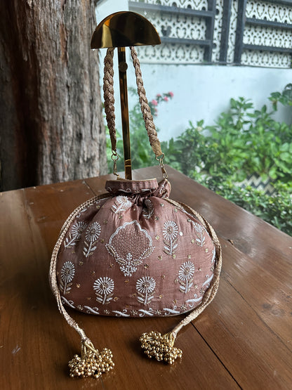 Brown Tussar Silk Chikankari Ari & Kasab Work Potli Bag