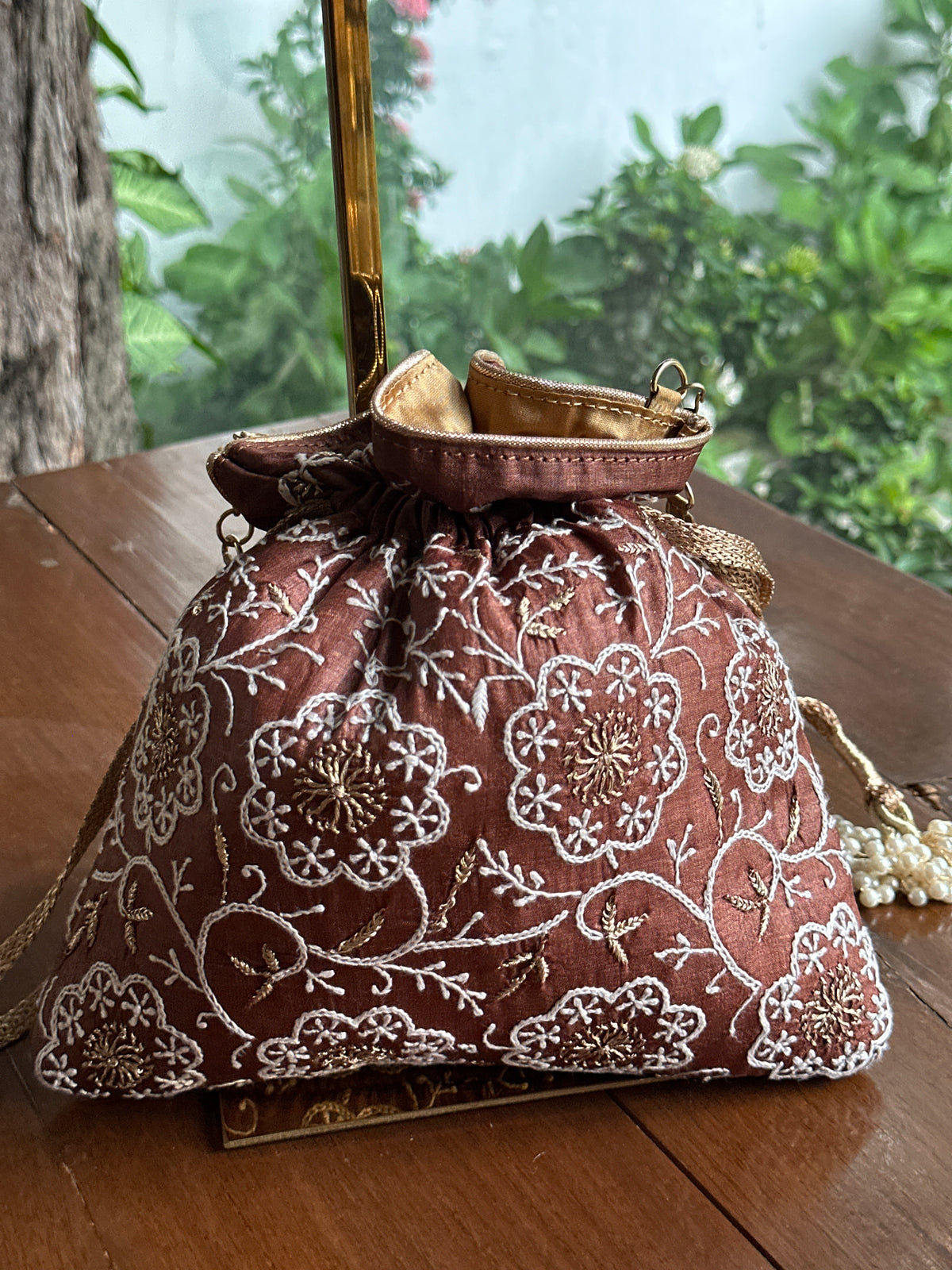 Brown Tussar Silk Chikankari Ari & Kasab Work Potli Bag