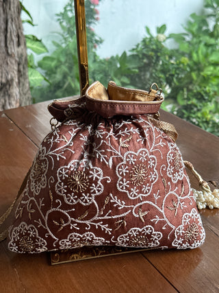 Brown Tussar Silk Chikankari Ari & Kasab Work Potli Bag