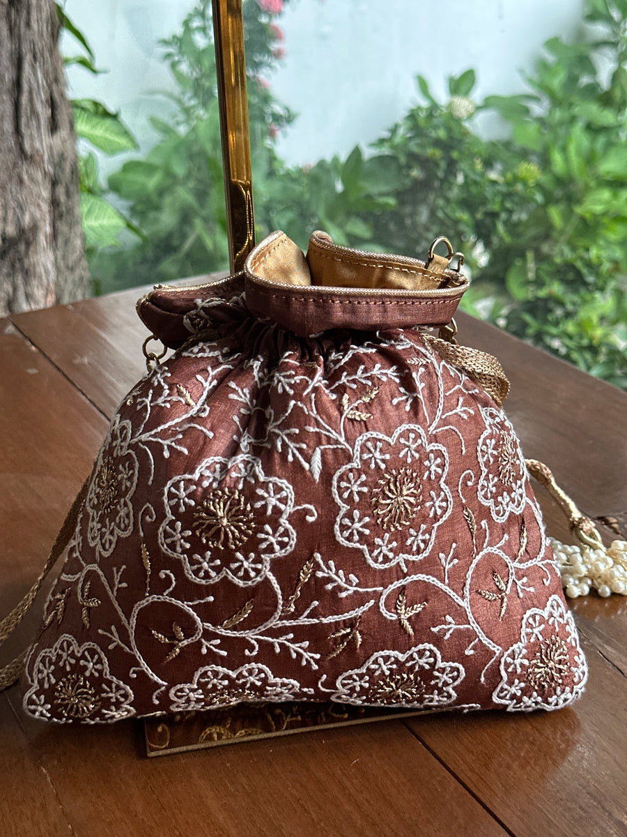 Brown Tussar Silk Chikankari Ari & Kasab Work Potli Bag