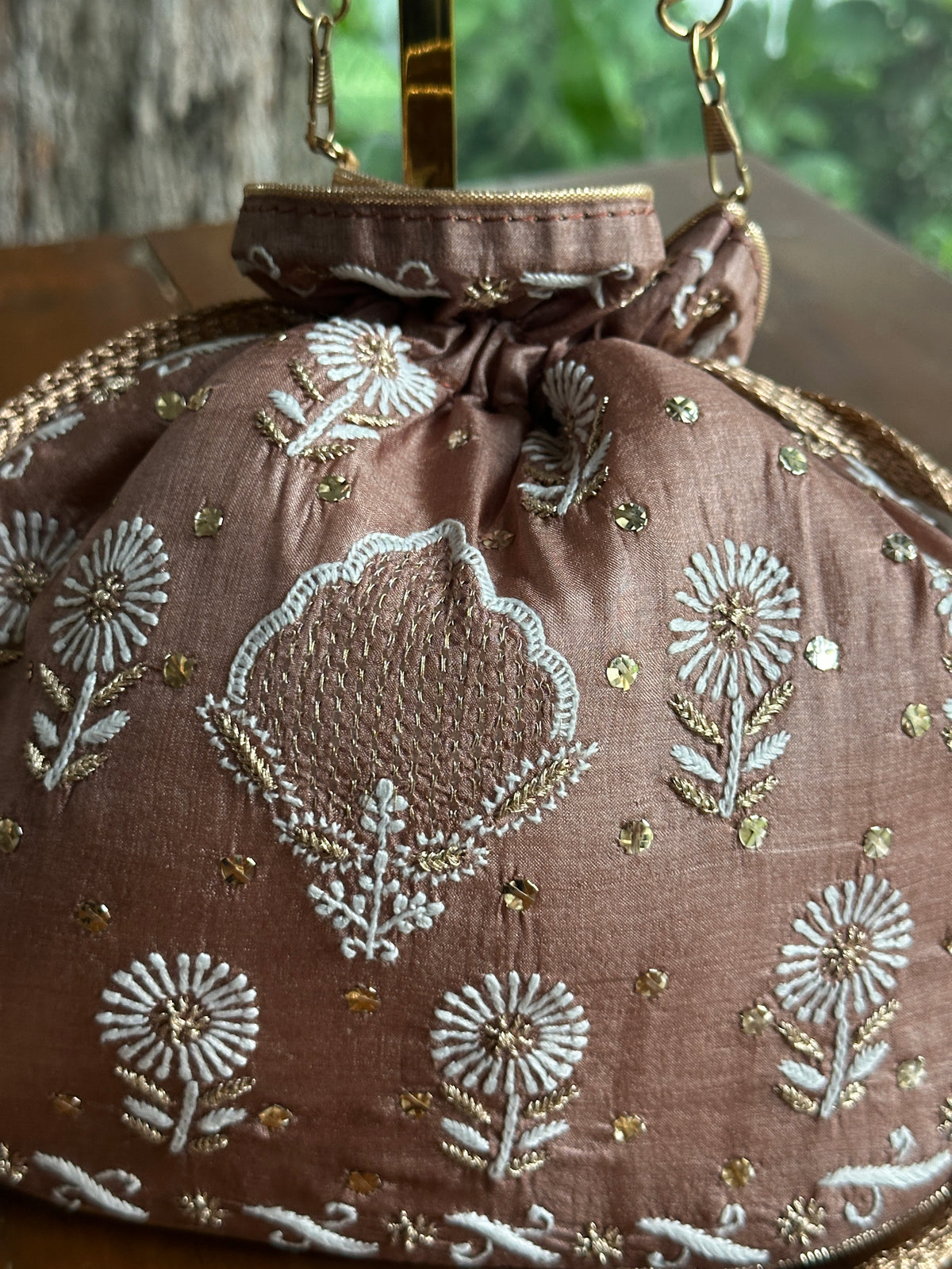 Brown Tussar Silk Chikankari Ari & Kasab Work Potli Bag