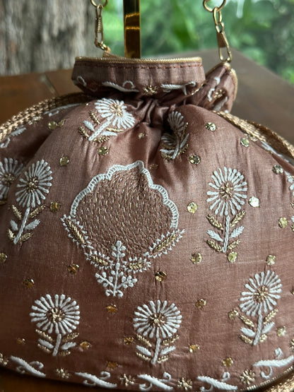 Brown Tussar Silk Chikankari Ari & Kasab Work Potli Bag