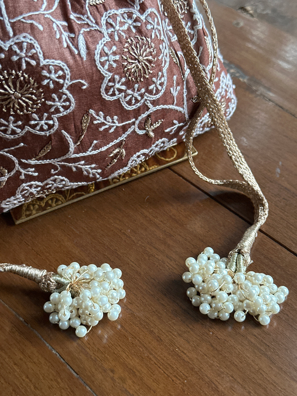 Brown Tussar Silk Chikankari Ari & Kasab Work Potli Bag