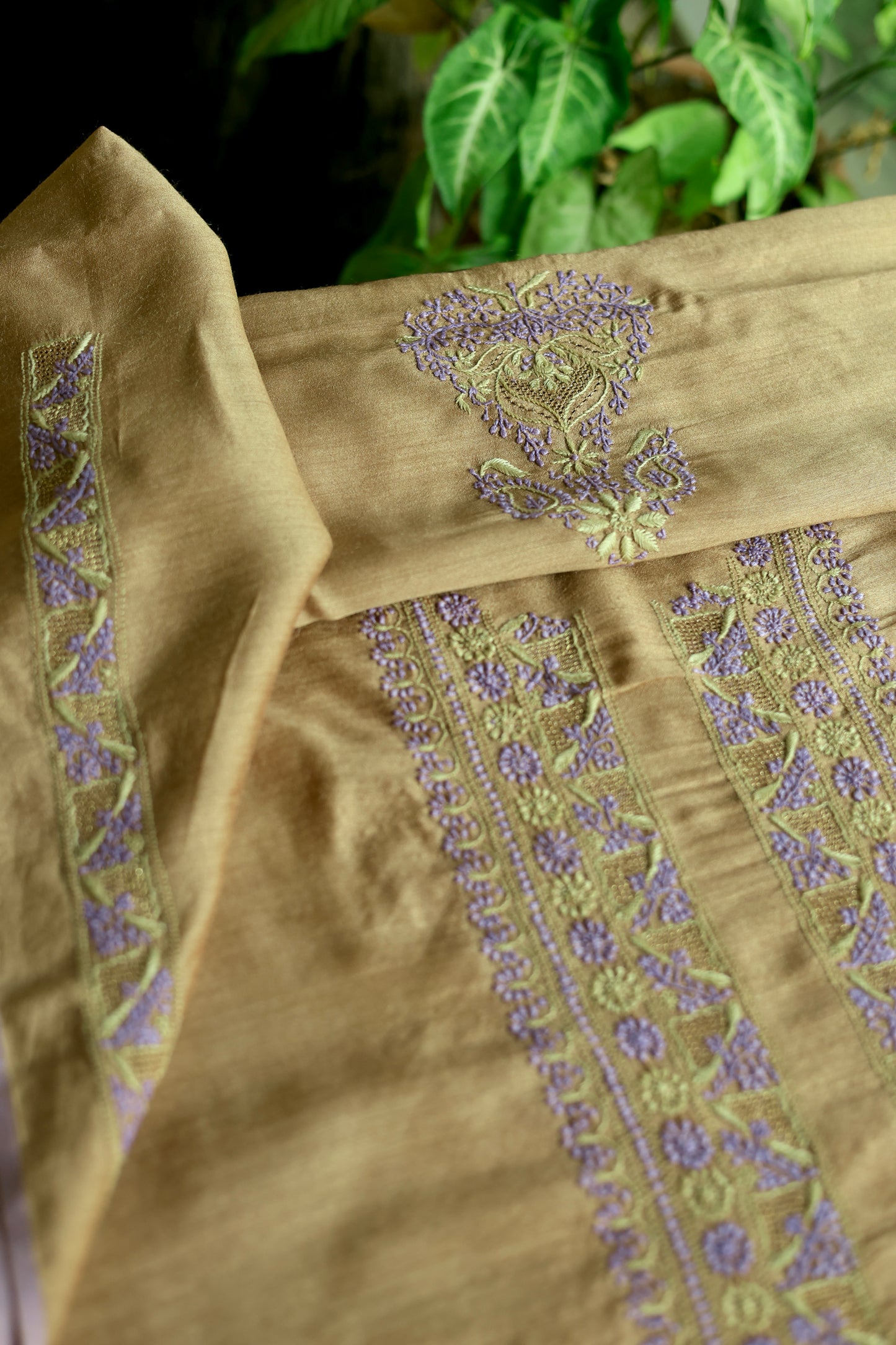 Brown & Lavender Shade Moonga Silk Chikankari Men’s Kurta Fabric