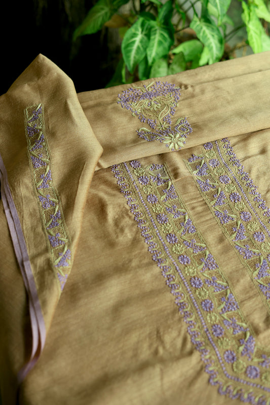 Brown & Lavender Shade Moonga Silk Chikankari Men’s Kurta Fabric