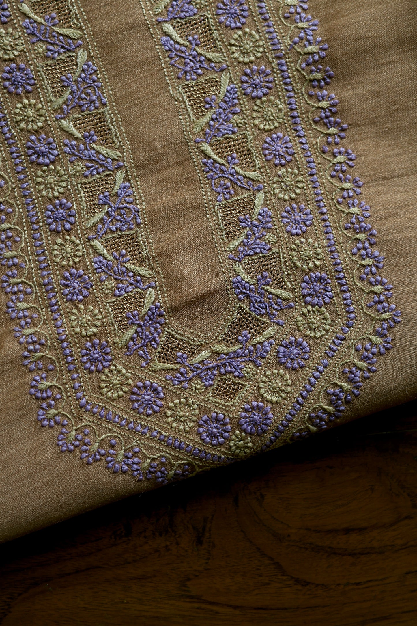 Brown & Lavender Shade Moonga Silk Chikankari Men’s Kurta Fabric
