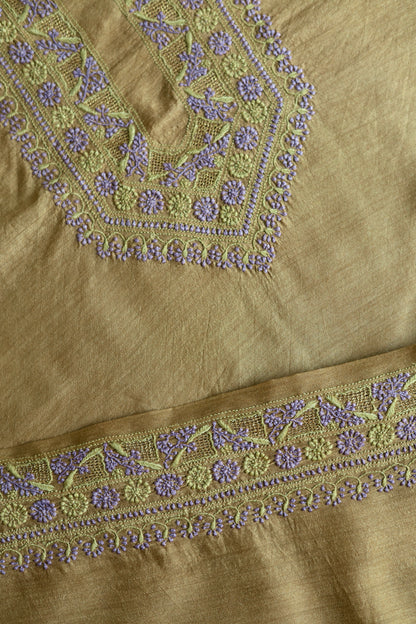 Brown & Lavender Shade Moonga Silk Chikankari Men’s Kurta Fabric