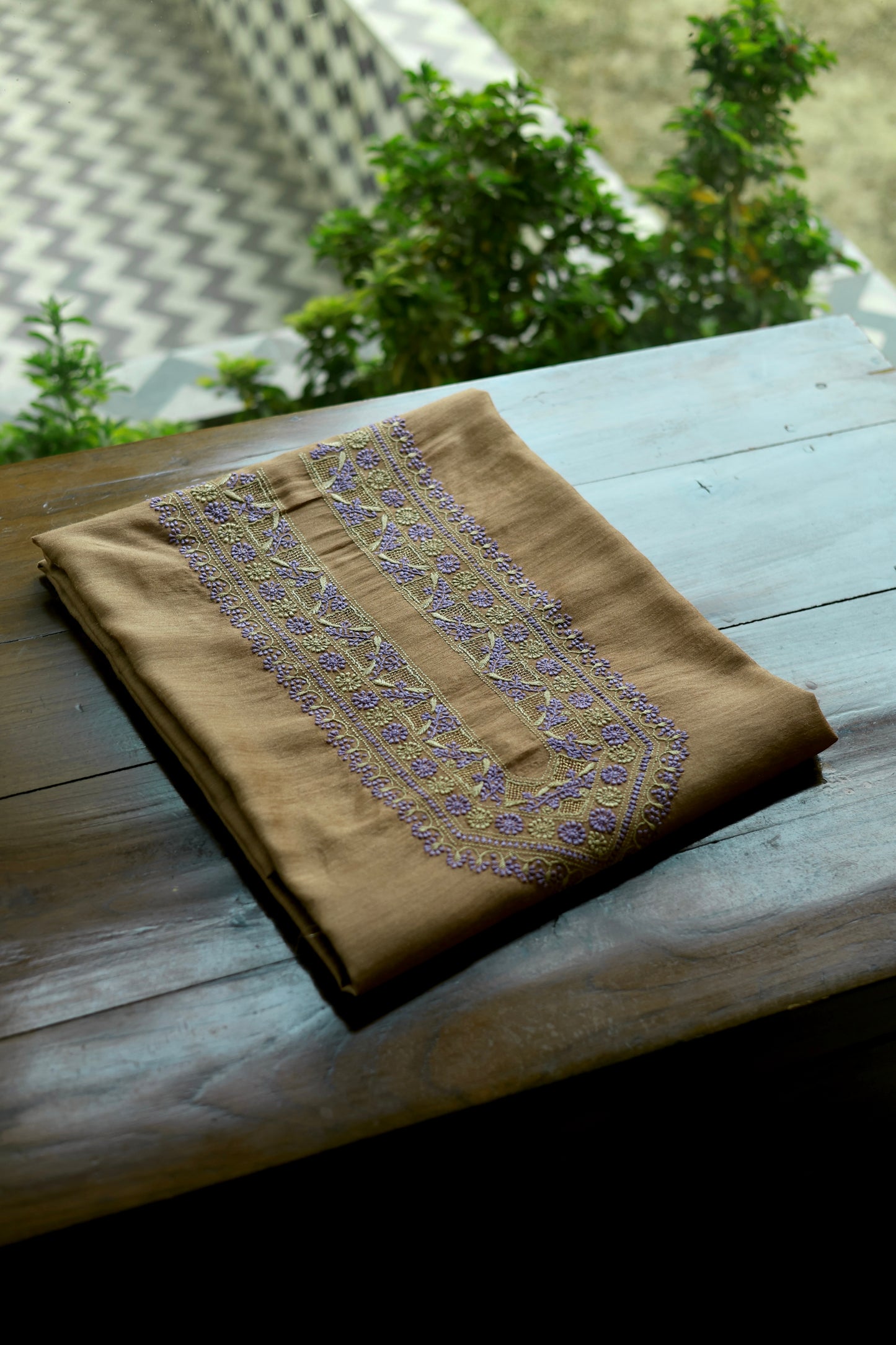 Brown & Lavender Shade Moonga Silk Chikankari Men’s Kurta Fabric