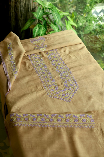 Brown & Lavender Shade Moonga Silk Chikankari Men’s Kurta Fabric
