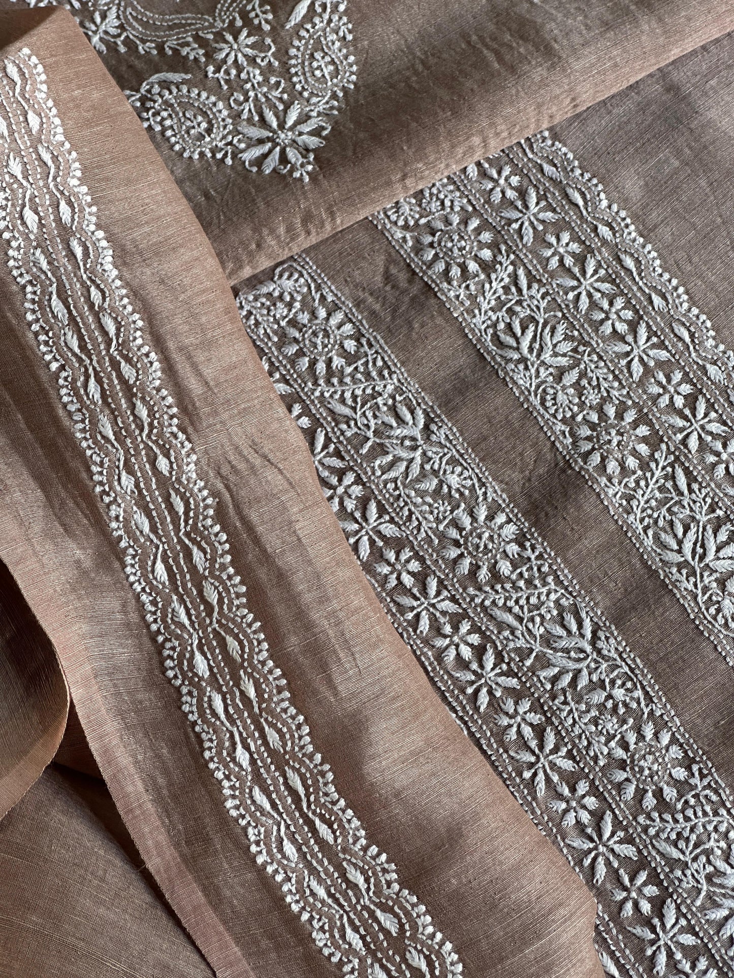 Brown Linen Chikankari Unstitched Men's Kurtas Fabric