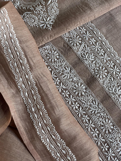 Brown Linen Chikankari Unstitched Men's Kurtas Fabric