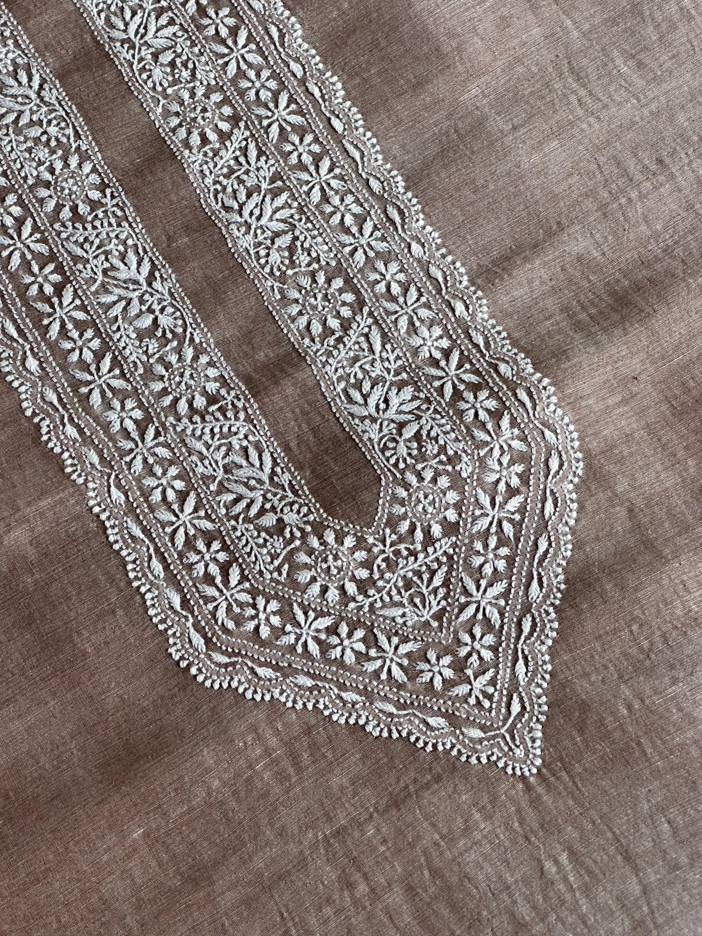 Brown Linen Chikankari Unstitched Men's Kurtas Fabric