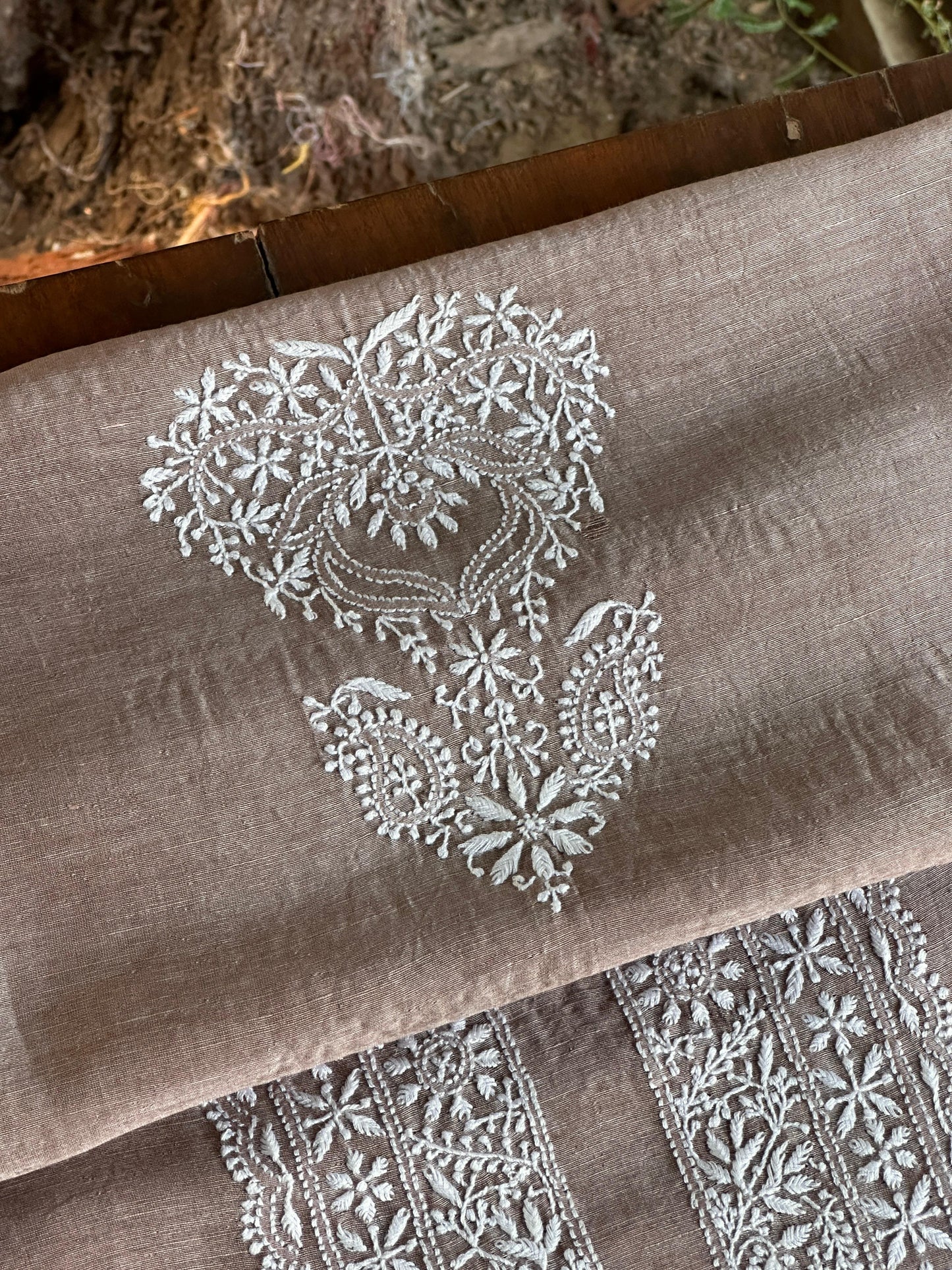 Brown Linen Chikankari Unstitched Men's Kurtas Fabric