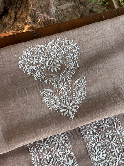Brown Linen Chikankari Unstitched Men's Kurtas Fabric