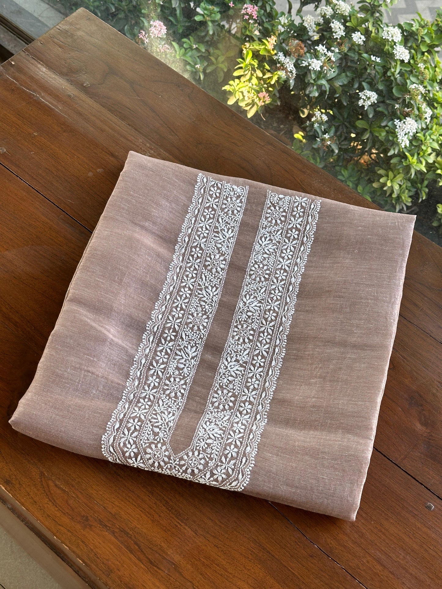 Brown Linen Chikankari Unstitched Men's Kurtas Fabric