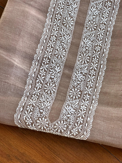 Brown Linen Chikankari Unstitched Men's Kurtas Fabric