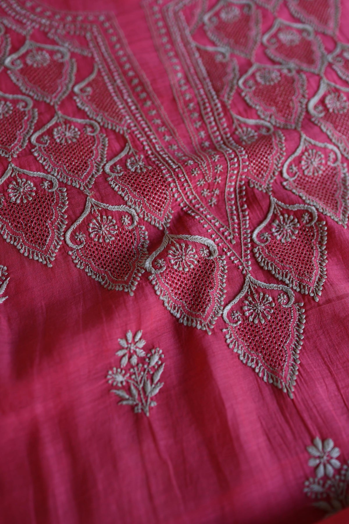 Burnt Pink Mal Chanderi Chikankari Unstitched Kurta & Dupatta Set