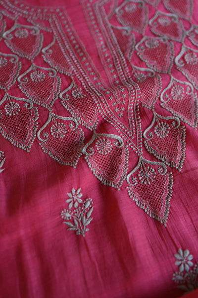 Burnt Pink Mal Chanderi Chikankari Unstitched Kurta & Dupatta Set