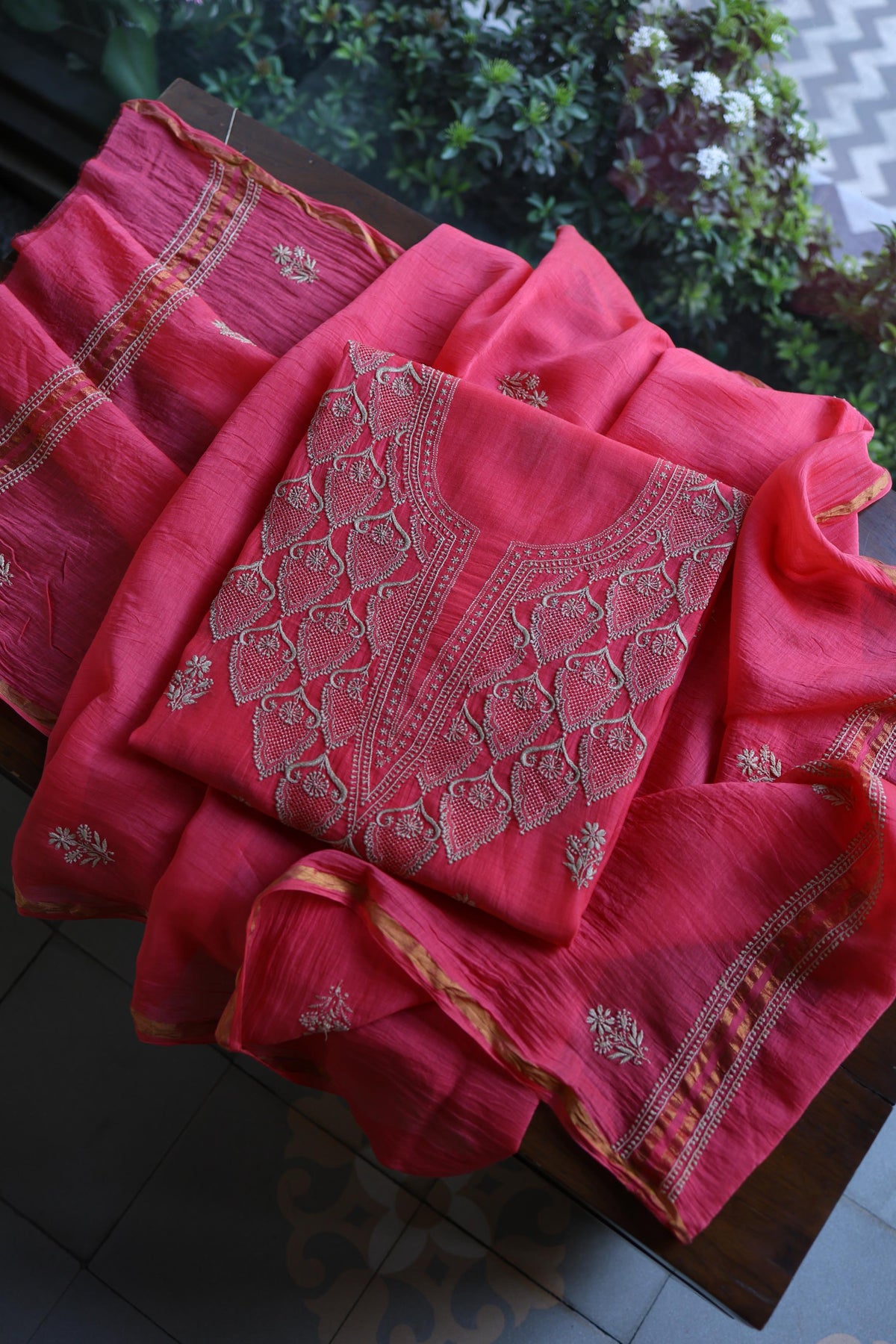 Burnt Pink Mal Chanderi Chikankari Unstitched Kurta & Dupatta Set